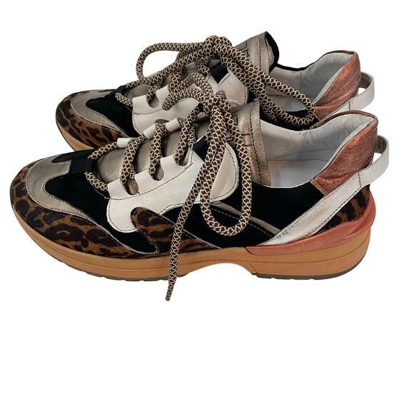 Vaddia 38 / 7.5 Calf Hair Leather Sneakers Metallic Cheetah Print - Picture 4 of 12